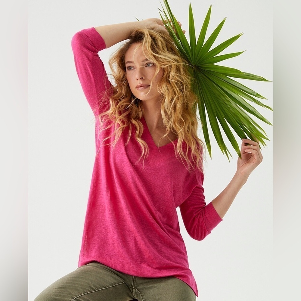 Chico’s Womens Pink 100% Linen Lagen Look Coastal Capsule V-neck Top Tunic Sz L